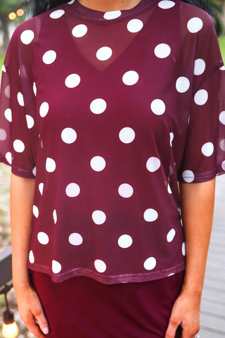 Emma Mesh Tee - Burgundy Polka Dot