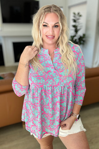 Lizzy Babydoll Top in Emerald and Pink Paisley