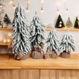 Snow Topped Christmas Trees With Wood & Jute Base