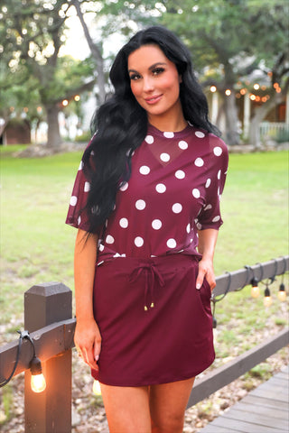 Emma Mesh Tee - Burgundy Polka Dot