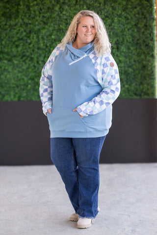 Zoey ZipCowl Sweatshirt - Blue and Mint Checker