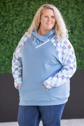 Zoey ZipCowl Sweatshirt - Blue and Mint Checker