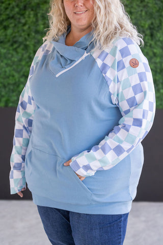 Zoey ZipCowl Sweatshirt - Blue and Mint Checker