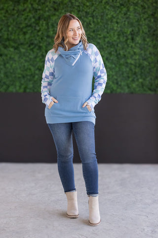 Zoey ZipCowl Sweatshirt - Blue and Mint Checker