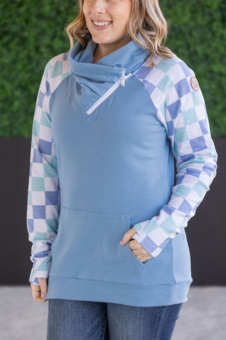 Zoey ZipCowl Sweatshirt - Blue and Mint Checker