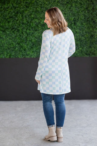 Classic Cardigan - Blue and Mint Checker