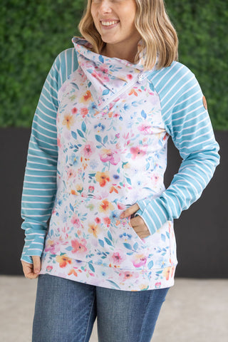 Zoey ZipCowl Sweatshirt - Watercolor Floral and Stripes