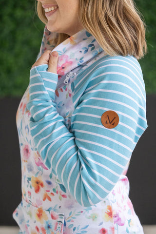 Zoey ZipCowl Sweatshirt - Watercolor Floral and Stripes