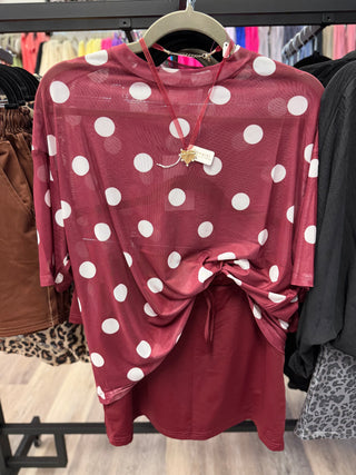 Emma Mesh Tee - Burgundy Polka Dot