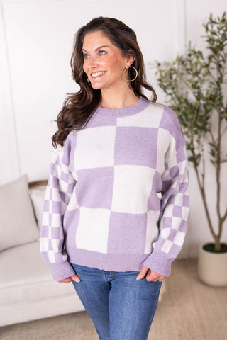 Checkered Pullover Sweater - Lavender