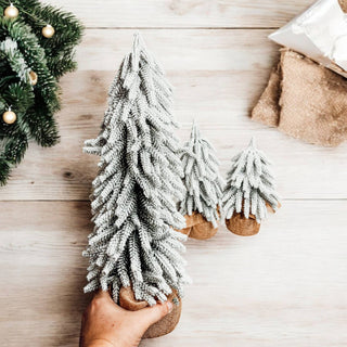 Snow Topped Christmas Trees With Wood & Jute Base