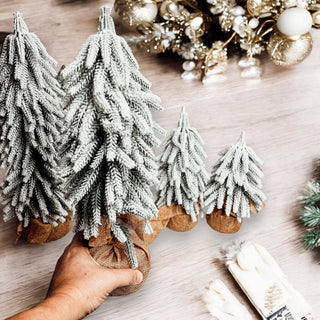 Snow Topped Christmas Trees With Wood & Jute Base