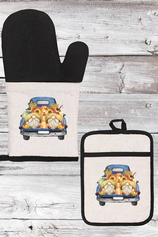 Blue Gnome Pumpkin Truck Oven Mitt Glove