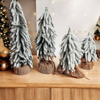 Snow Topped Christmas Trees With Wood & Jute Base