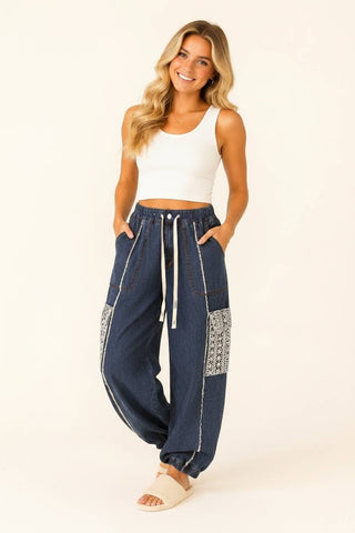 Denim Lace Pocket Drawstring Jogger Pants