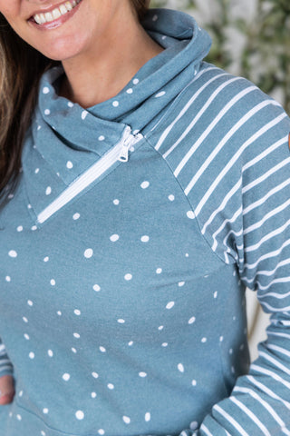 Zoey ZipCowl Sweatshirt - Teal Dots and Stripes