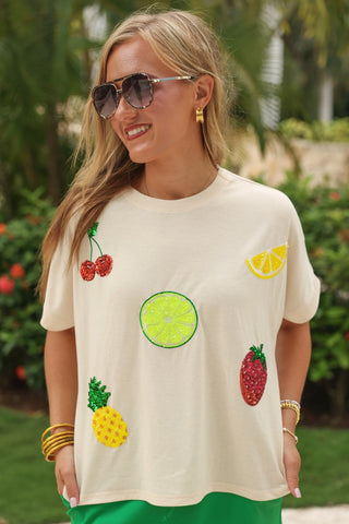PREORDER- Tropical Fruit Sequin Patch Top