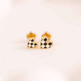 Tiny Black/White Checkered Heart Studs