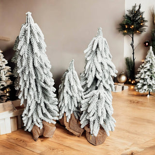 Snow Topped Christmas Trees With Wood & Jute Base