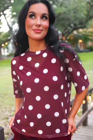 Emma Mesh Tee - Burgundy Polka Dot