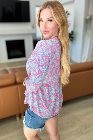 Lizzy Babydoll Top in Emerald and Pink Paisley