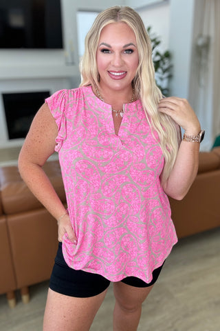 Lizzy Flutter Sleeve Top in Taupe and Pink Paisley