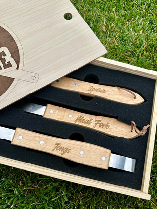 3-Piece BBQ Set in Wooden Pine Box