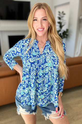 Lizzy Babydoll Top in Royal and Mint Paisley