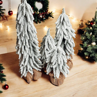 Snow Topped Christmas Trees With Wood & Jute Base