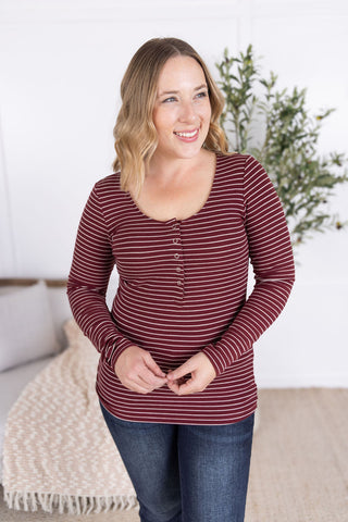 Striped Henley Long Sleeve - Burgundy