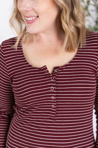 Striped Henley Long Sleeve - Burgundy