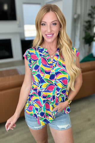 Lizzy Flutter Sleeve Top in Royal and Magenta Mod Floral