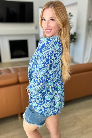 Lizzy Babydoll Top in Royal and Mint Paisley