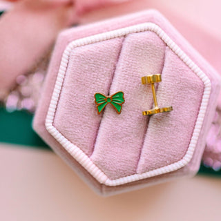 Green Bow Stud Earrings