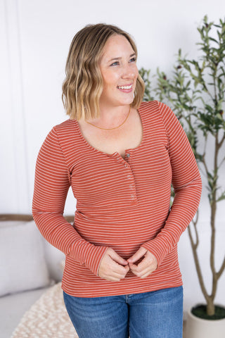 Striped Henley Long Sleeve - Terra Cotta