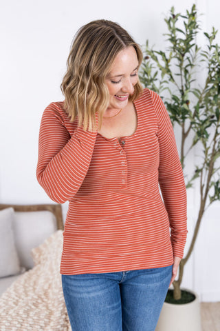 Striped Henley Long Sleeve - Terra Cotta