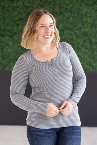 Striped Henley Long Sleeve - Charcoal