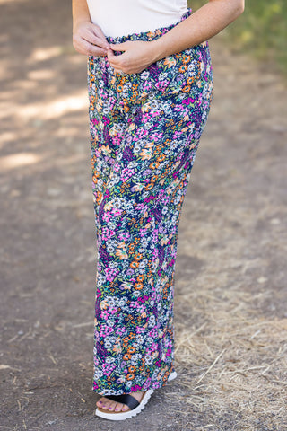 Presley Palazzo Pants - Navy and Pink Floral Mix