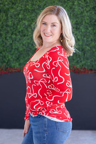 Alyssa Long Sleeve Top - Red and White Ribbons