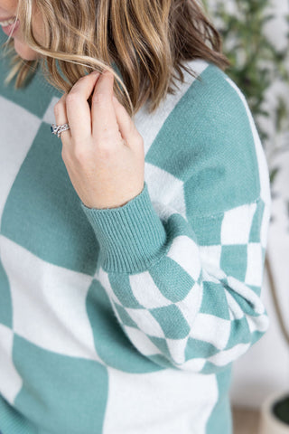 Checkered Pullover Sweater - Dusty Jade