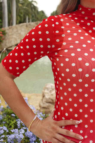 PREORDER- Kora Short Sleeve Mesh Top- Red Polka Dot