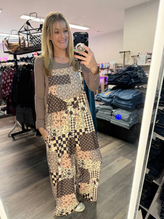 Floral Patchwork Wide Leg Overalls
