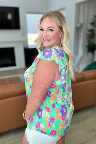 Lizzy Flutter Sleeve Top in Emerald and Purple Floral