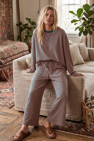 Striped Relaxed Top & Wide Leg Pants Knit Set