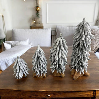 Snow Topped Christmas Trees With Wood & Jute Base