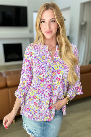 Lizzy Bell Sleeve Top in Lavender Retro Ditsy Floral