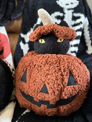 Halloween Sherpa Pillow - Orange Pumpkin with Black Cat