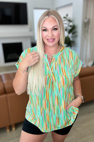 Lizzy Cap Sleeve Top in Lime and Emerald Multi Stripe