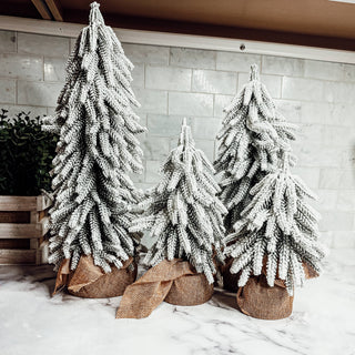 Snow Topped Christmas Trees With Wood & Jute Base