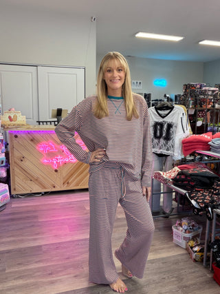 Striped Relaxed Top & Wide Leg Pants Knit Set